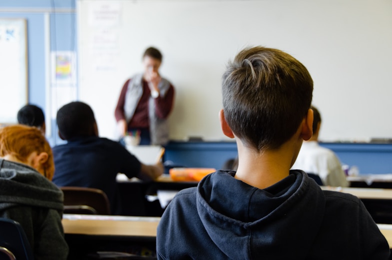 A student in a classroom during a lesson, viewed from behind